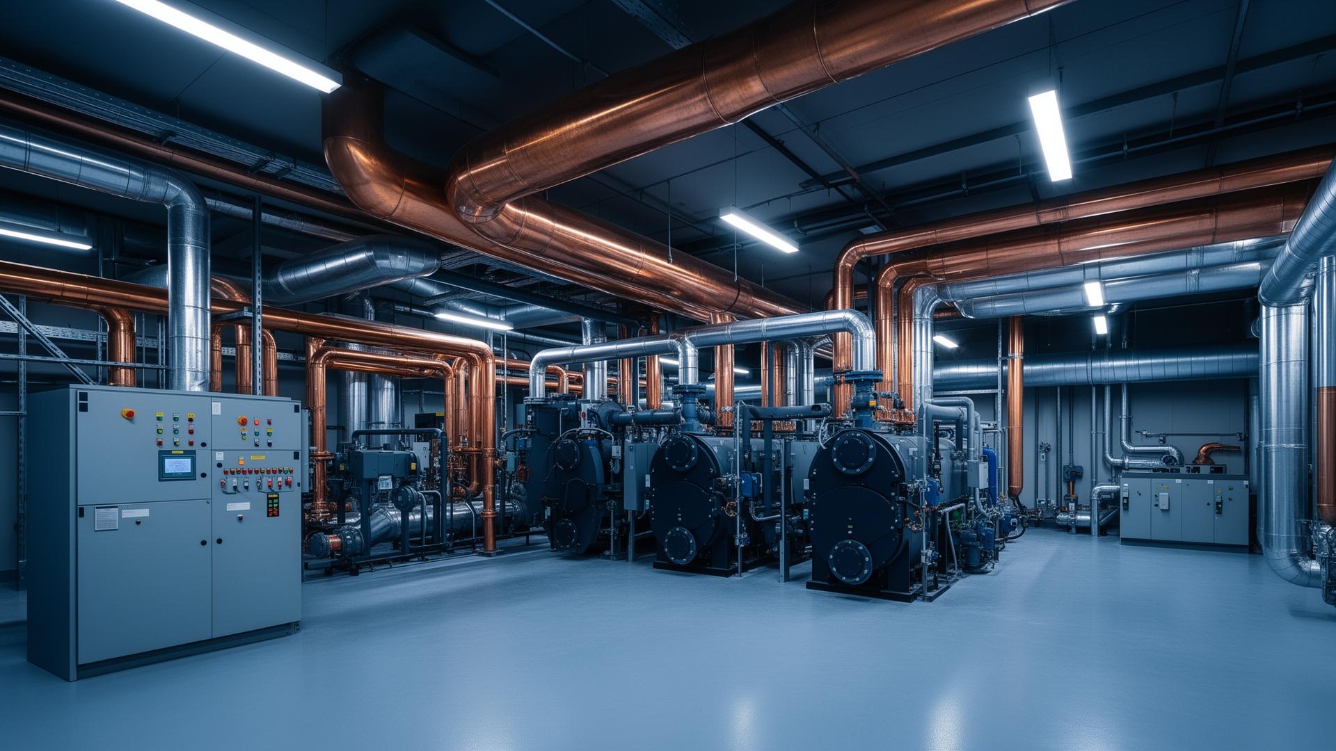 Modern mechanical room with copper piping